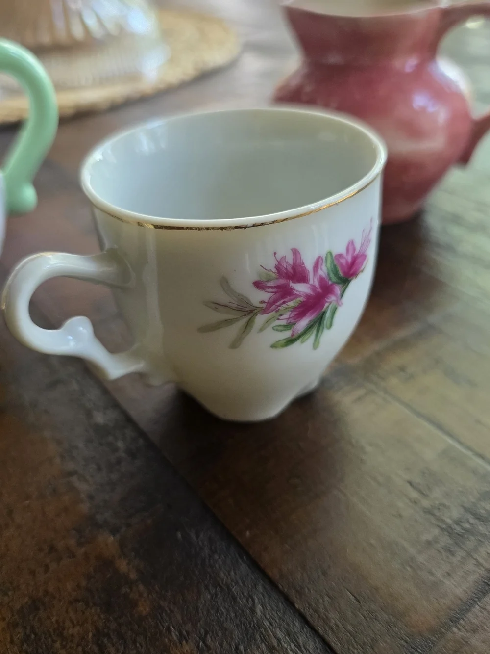 Pink Ceramic Creamer and Floral Porcelain Teacup Set - Pink & Mint Accents
